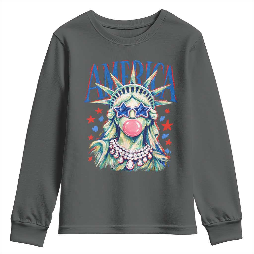 America Statue of Liberty Blowing Bubblegum Youth Sweatshirt Star and Glasses Patriotic Summer Vibes Graphic