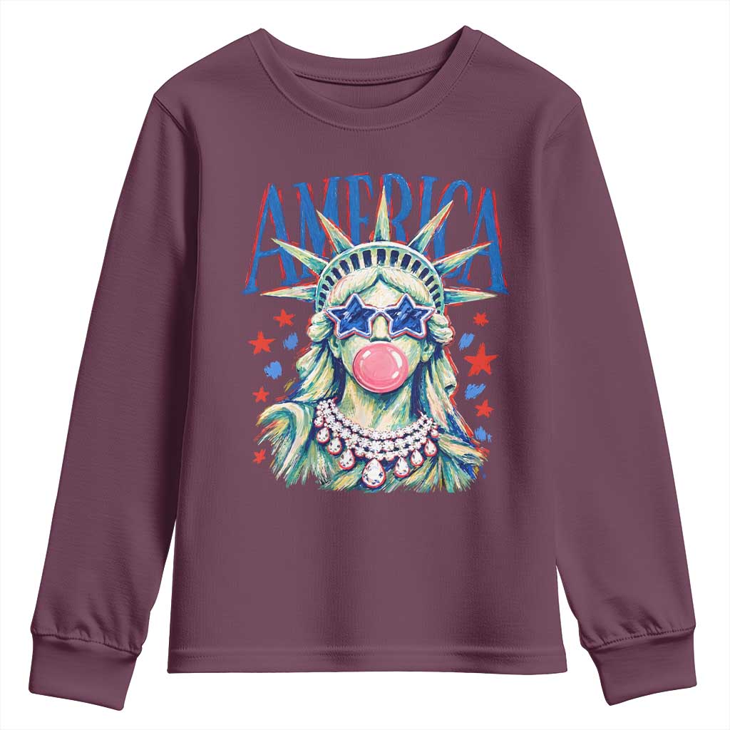 America Statue of Liberty Blowing Bubblegum Youth Sweatshirt Star and Glasses Patriotic Summer Vibes Graphic
