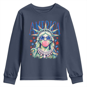 America Statue of Liberty Blowing Bubblegum Youth Sweatshirt Star and Glasses Patriotic Summer Vibes Graphic