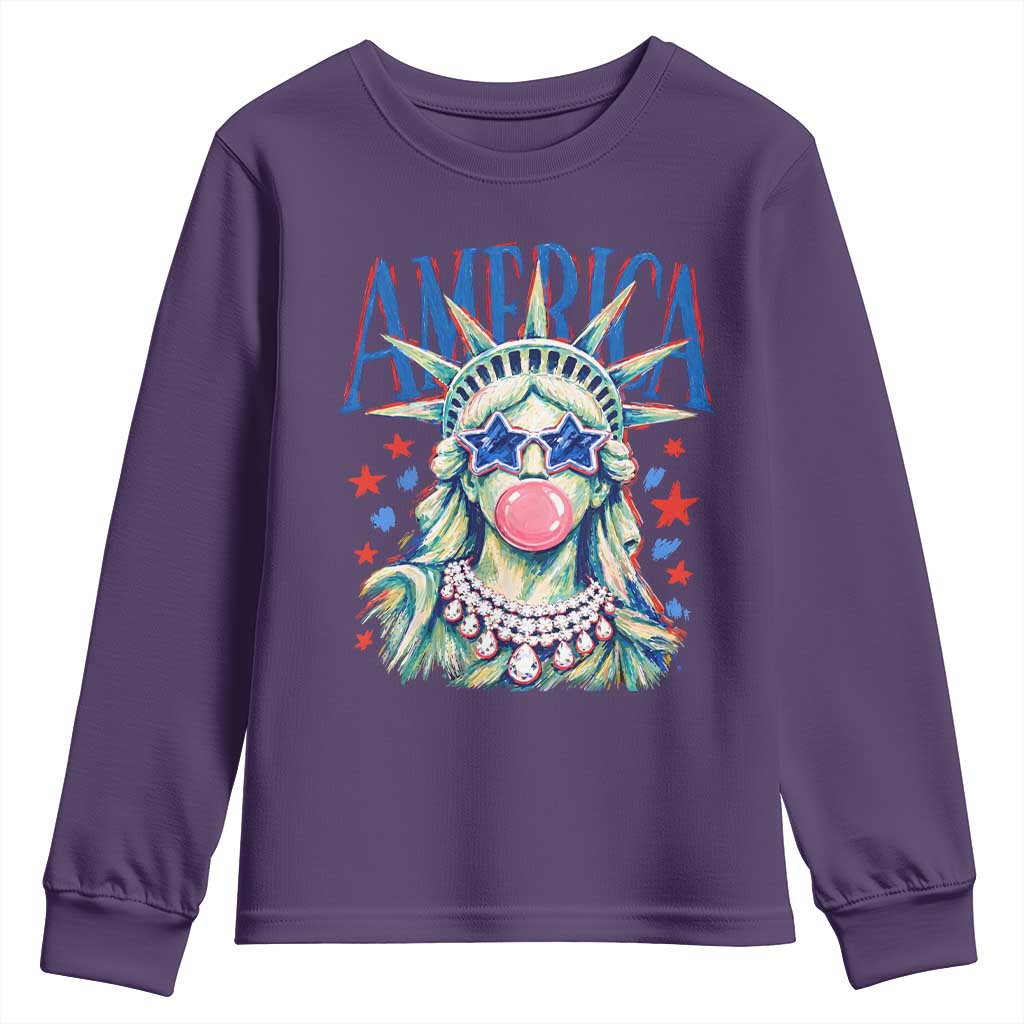 America Statue of Liberty Blowing Bubblegum Youth Sweatshirt Star and Glasses Patriotic Summer Vibes Graphic