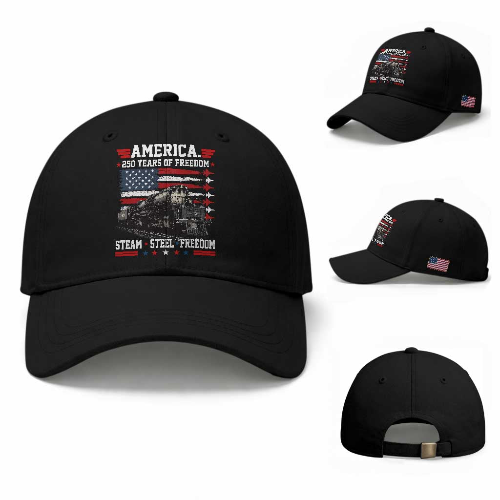 Steam Steel Freedom Stainless American Spirit Baseball Cap 250 Years USA Railroad Legend Patriotic Military Jet Flyover Graphic