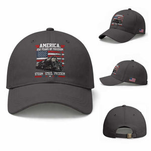 Steam Steel Freedom Stainless American Spirit Baseball Cap 250 Years USA Railroad Legend Patriotic Military Jet Flyover Graphic
