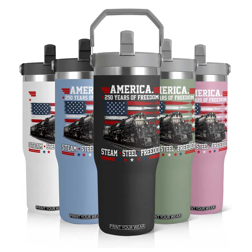 Steam Steel Freedom Stainless American Spirit Flip Straw Tumbler 250 Years USA Railroad Legend Patriotic Military Jet Flyover Graphic TS02 Print Your Wear