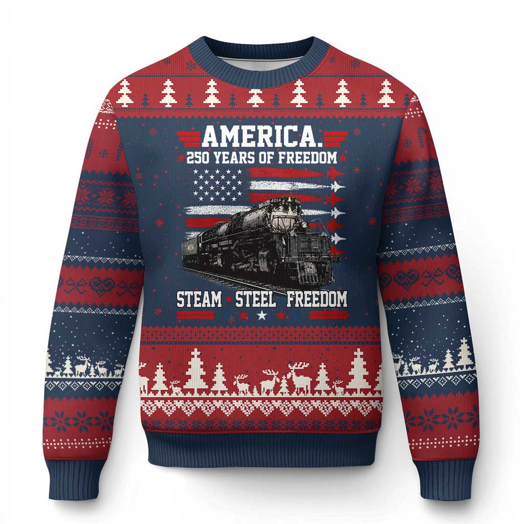 Steam Steel Freedom Stainless American Spirit Ugly Christmas Sweater 250 Years USA Railroad Legend Patriotic Military Jet Flyover Graphic
