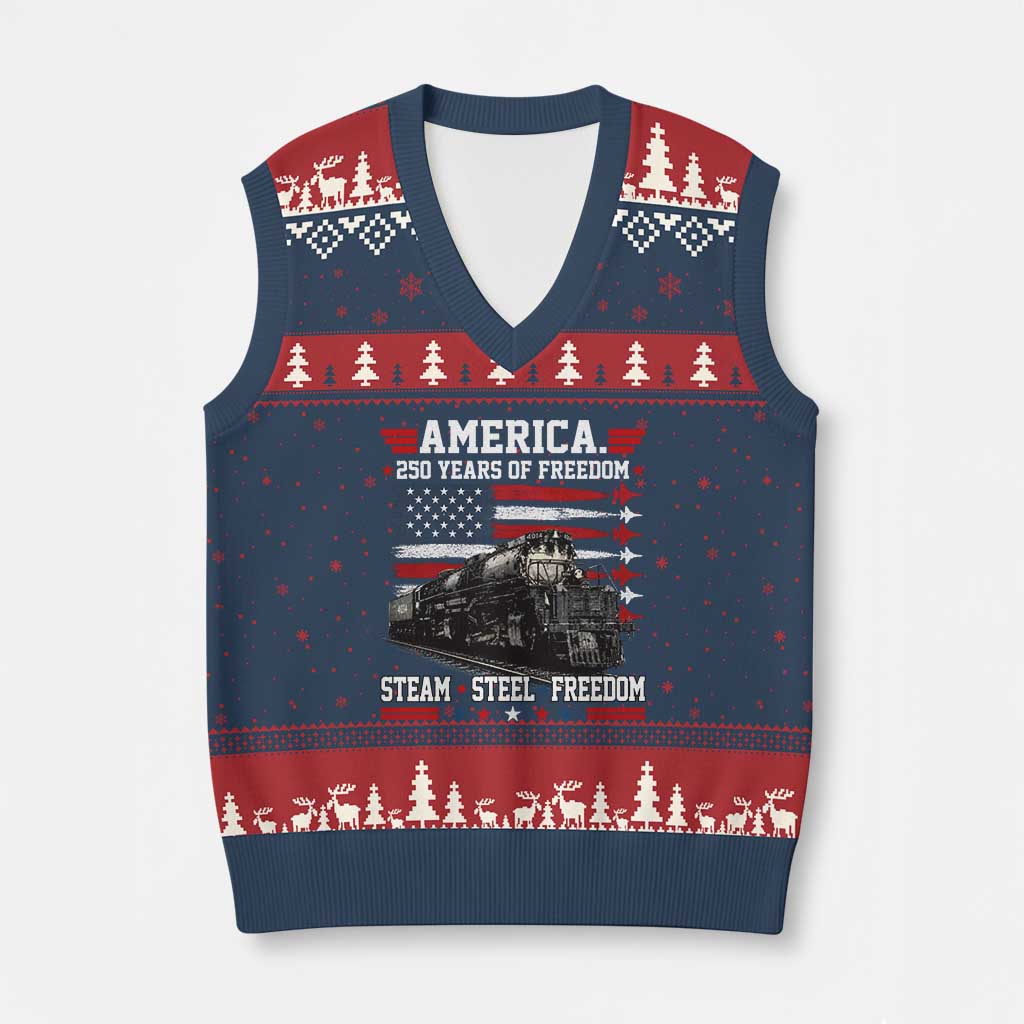 Steam Steel Freedom Stainless American Spirit V-Neck Knit Sweater Vest 250 Years USA Railroad Legend Patriotic Military Jet Flyover Graphic TS02 Navy Red Print Your Wear
