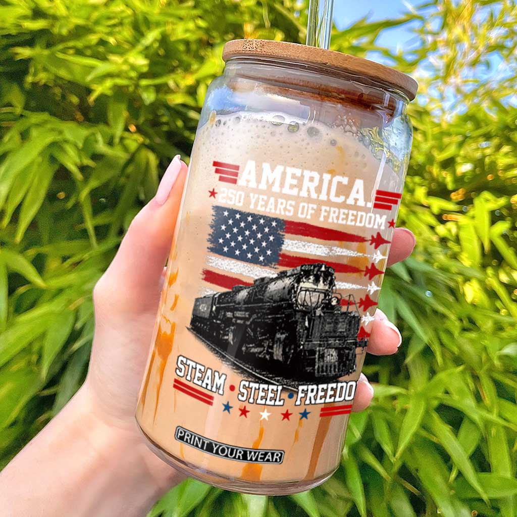 Steam Steel Freedom Stainless American Spirit Glass Can 250 Years USA Railroad Legend Patriotic Military Jet Flyover Graphic TS02 Black Print Your Wear