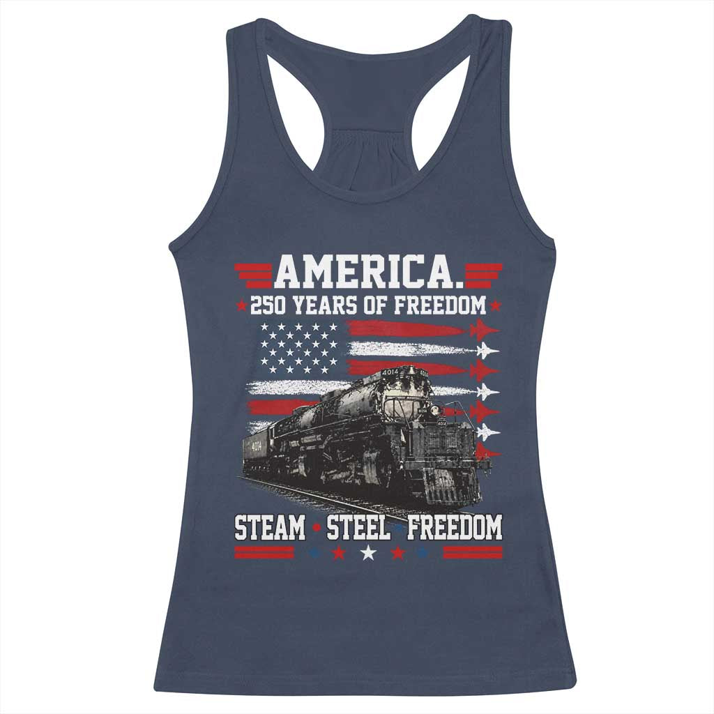 Steam Steel Freedom Stainless American Spirit Racerback Tank Top 250 Years USA Railroad Legend Patriotic Military Jet Flyover Graphic