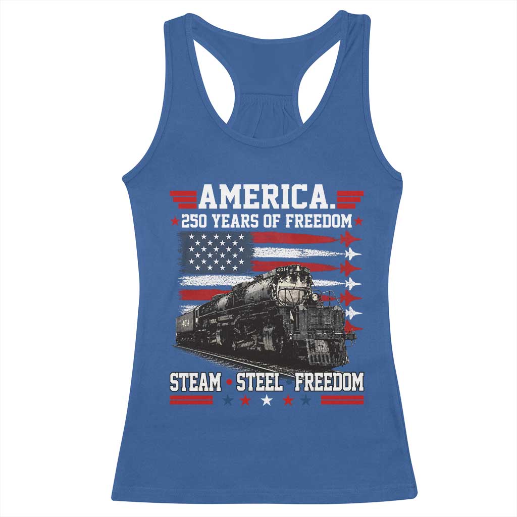 Steam Steel Freedom Stainless American Spirit Racerback Tank Top 250 Years USA Railroad Legend Patriotic Military Jet Flyover Graphic