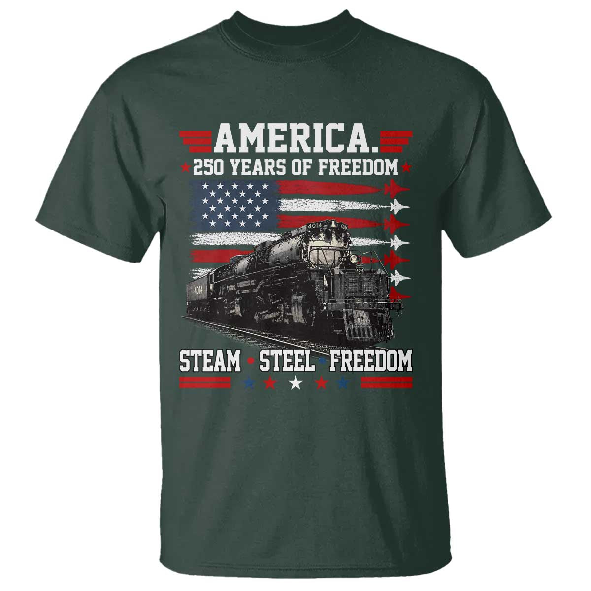 Steam Steel Freedom Stainless American Spirit T Shirt 250 Years USA Railroad Legend Patriotic Military Jet Flyover Graphic