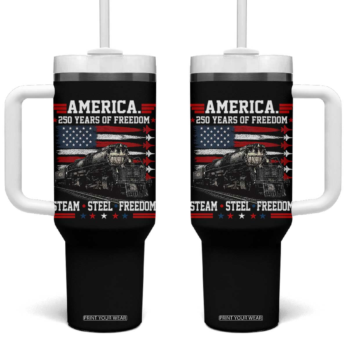 Steam Steel Freedom Stainless American Spirit Tumbler With Handle 250 Years USA Railroad Legend Patriotic Military Jet Flyover Graphic TS02 One Size: 40 oz Black Print Your Wear