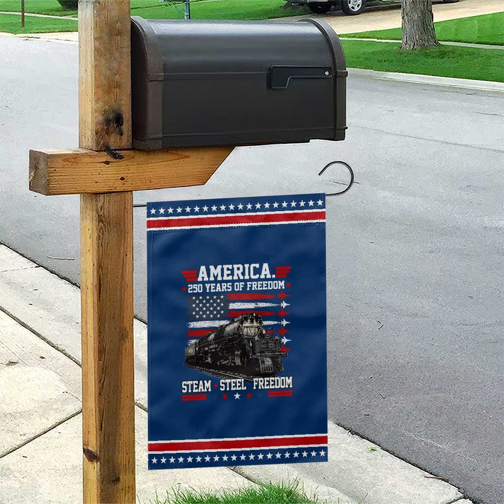 Steam Steel Freedom Stainless American Spirit Patriotic Garden Flag 250 Years USA Railroad Legend Military Jet Flyover Graphic