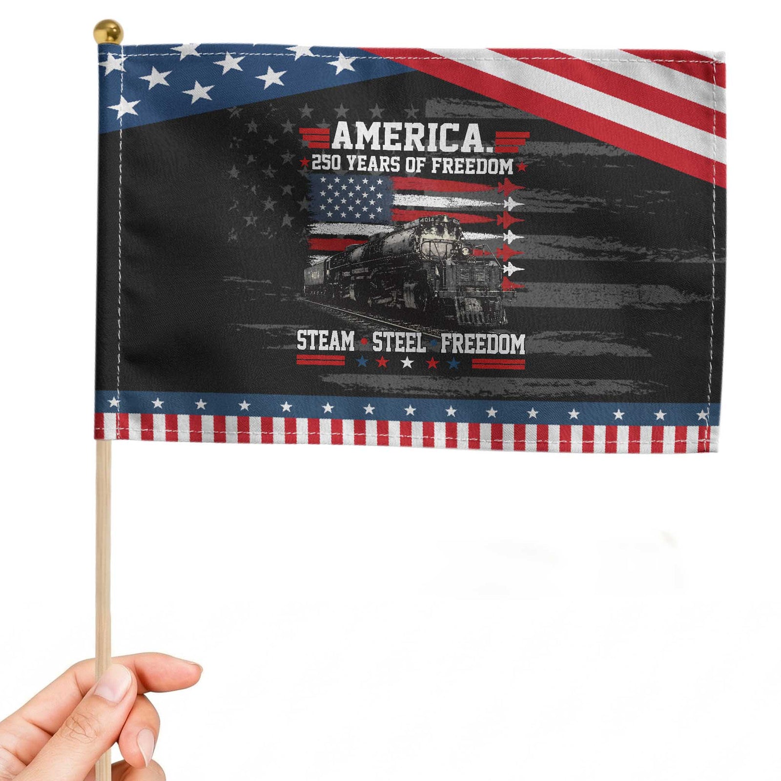 Steam Steel Freedom Stainless American Spirit Patriotic Handheld Flag 250 Years USA Railroad Legend Military Jet Flyover Graphic TS02 Distressed 8.2