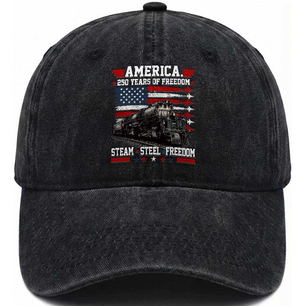 Steam Steel Freedom Stainless American Spirit Washed Cotton Baseball Cap 250 Years USA Railroad Legend Patriotic Military Jet Flyover Graphic TS02 Print Your Wear