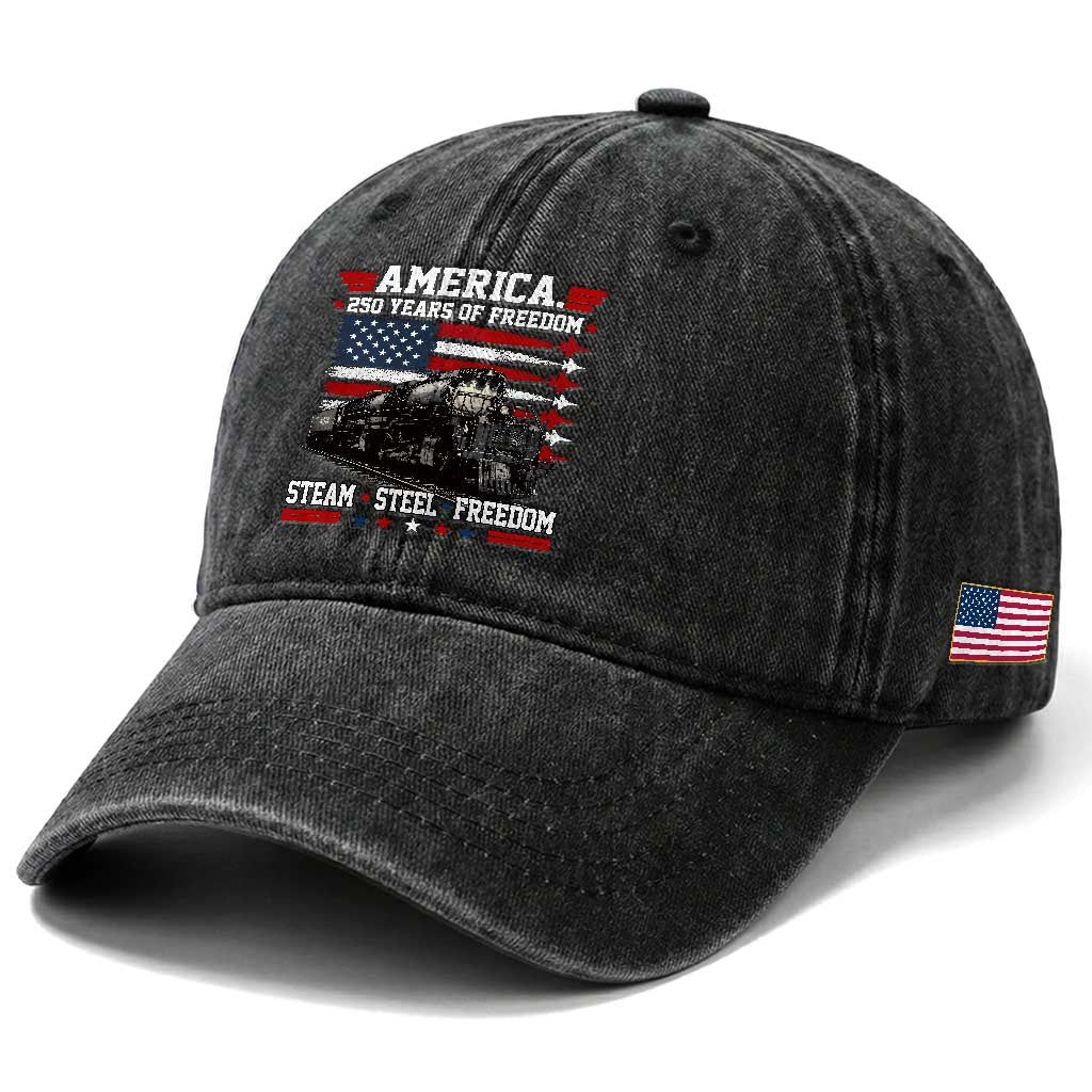 Steam Steel Freedom Stainless American Spirit Washed Cotton Baseball Cap 250 Years USA Railroad Legend Patriotic Military Jet Flyover Graphic