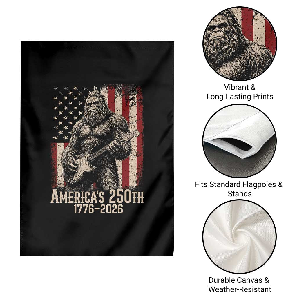 Americas 250th Anniversary 1776-2026 Bigfoot Rock Star Garden Flag Playing Electric Guitar Distressed American Flag Graphic