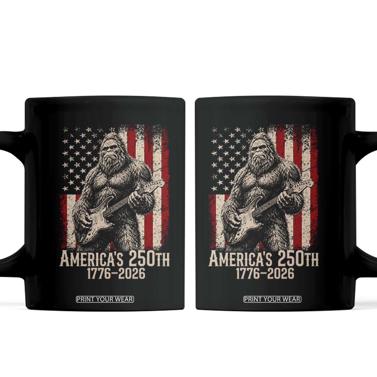 Americas 250th Anniversary 1776-2026 Bigfoot Rock Star Coffee Mug Playing Electric Guitar Distressed American Flag Graphic