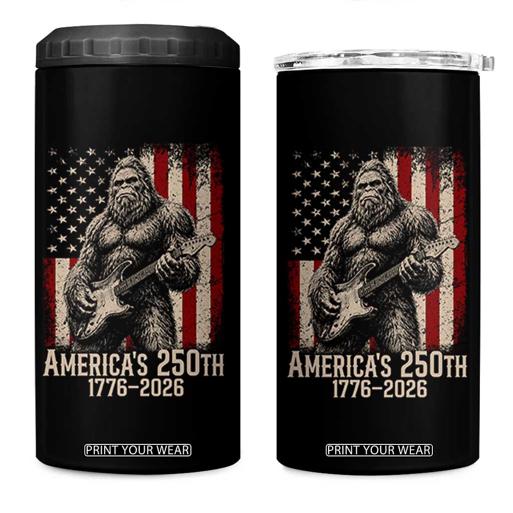 Americas 250th Anniversary 1776-2026 Bigfoot Rock Star 4 in 1 Can Cooler Tumbler Playing Electric Guitar Distressed American Flag Graphic TS02 One Size: 16 oz Black Print Your Wear
