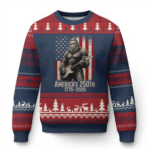 Americas 250th Anniversary 1776-2026 Bigfoot Rock Star Ugly Christmas Sweater Playing Electric Guitar Distressed American Flag Graphic