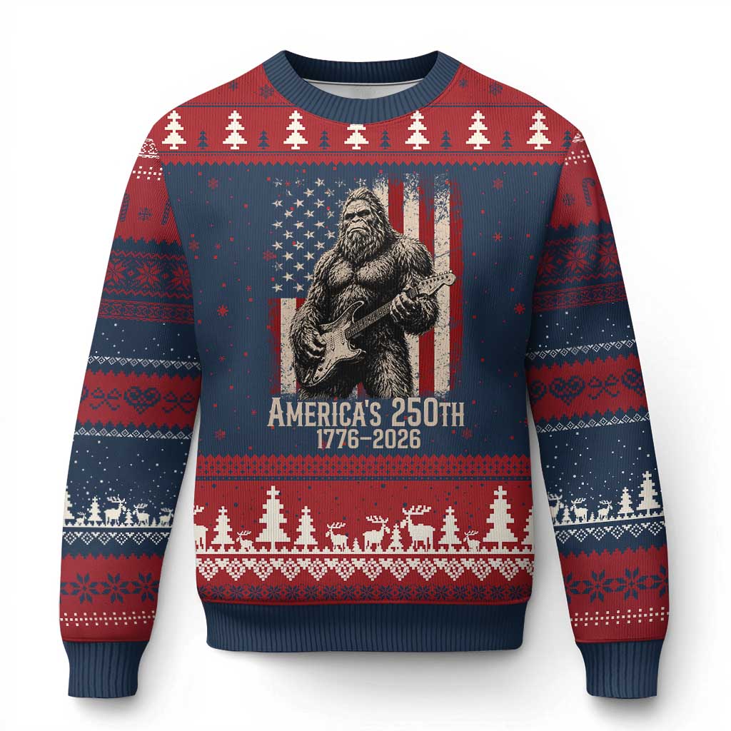 Americas 250th Anniversary 1776-2026 Bigfoot Rock Star Ugly Christmas Sweater Playing Electric Guitar Distressed American Flag Graphic