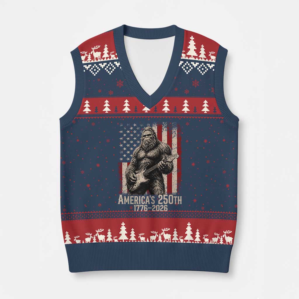 Americas 250th Anniversary 1776-2026 Bigfoot Rock Star V-Neck Knit Sweater Vest Playing Electric Guitar Distressed American Flag Graphic TS02 Navy Red Print Your Wear