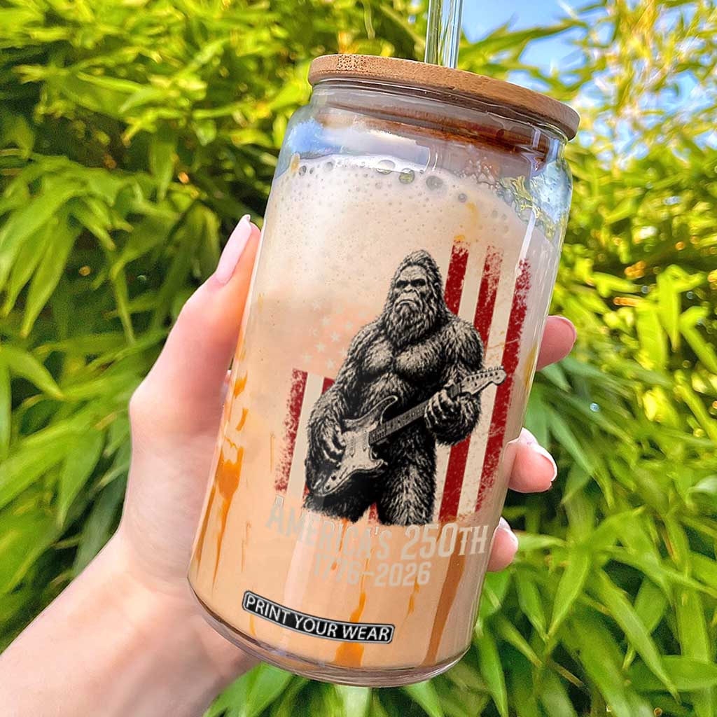 Americas 250th Anniversary 1776-2026 Bigfoot Rock Star Glass Can Playing Electric Guitar Distressed American Flag Graphic TS02 Black Print Your Wear