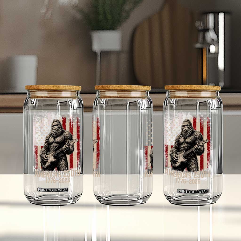 Americas 250th Anniversary 1776-2026 Bigfoot Rock Star Glass Can Playing Electric Guitar Distressed American Flag Graphic