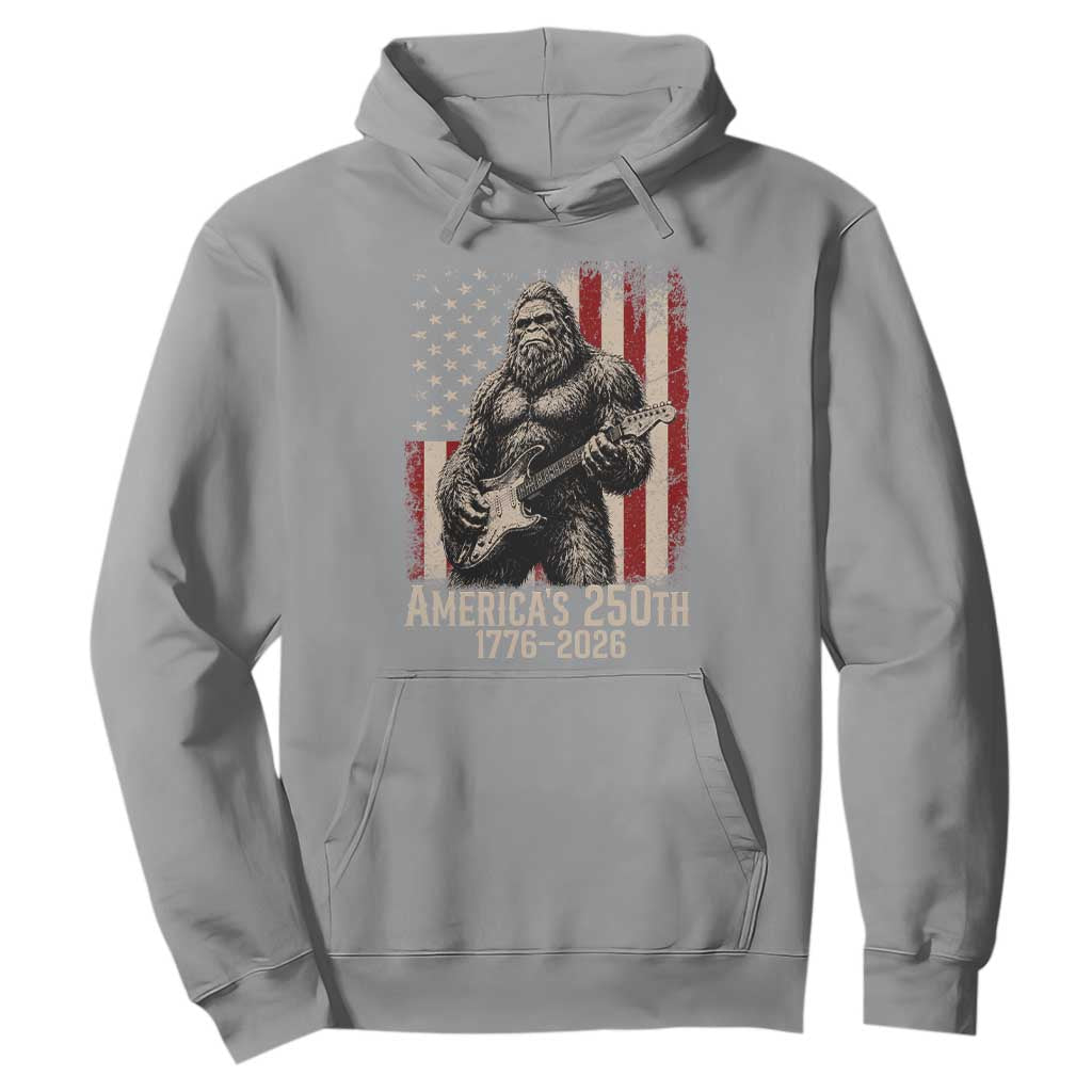 Americas 250th Anniversary 1776-2026 Bigfoot Rock Star Hoodie Playing Electric Guitar Distressed American Flag Graphic