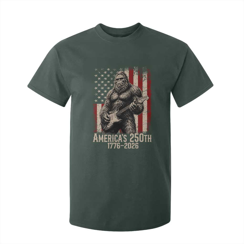 Americas 250th Anniversary 1776-2026 Bigfoot Rock Star T Shirt For Kid Playing Electric Guitar Distressed American Flag Graphic