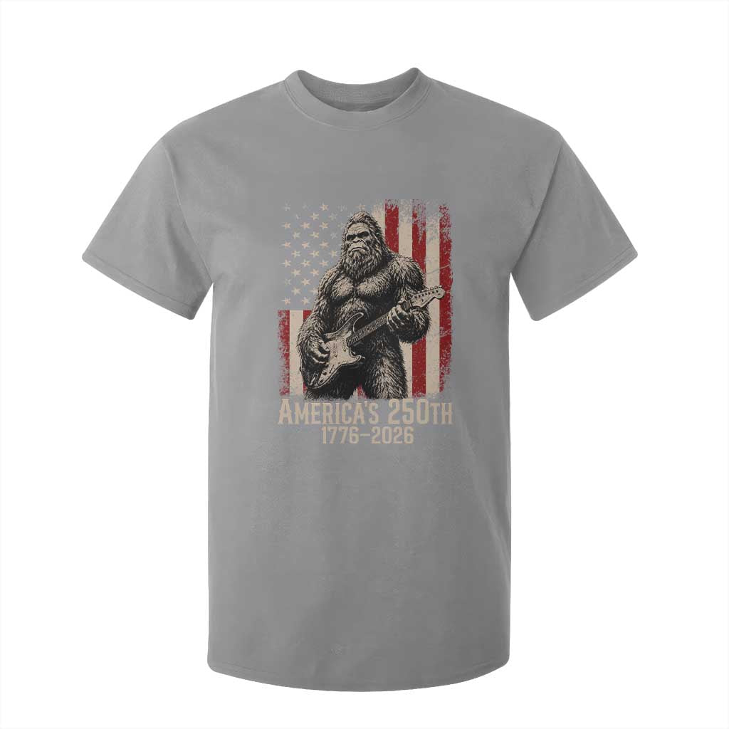 Americas 250th Anniversary 1776-2026 Bigfoot Rock Star T Shirt For Kid Playing Electric Guitar Distressed American Flag Graphic
