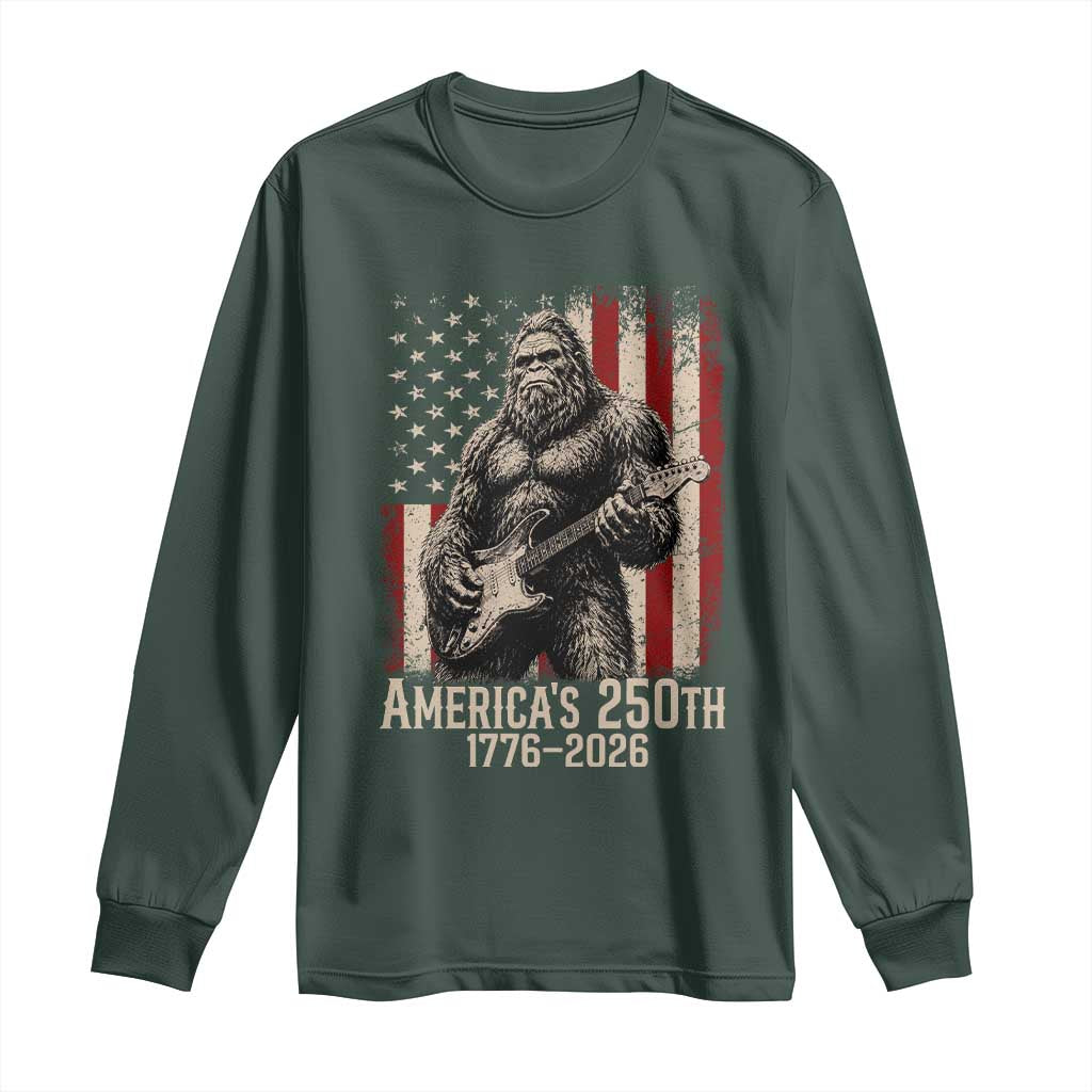 Americas 250th Anniversary 1776-2026 Bigfoot Rock Star Long Sleeve Shirt Playing Electric Guitar Distressed American Flag Graphic