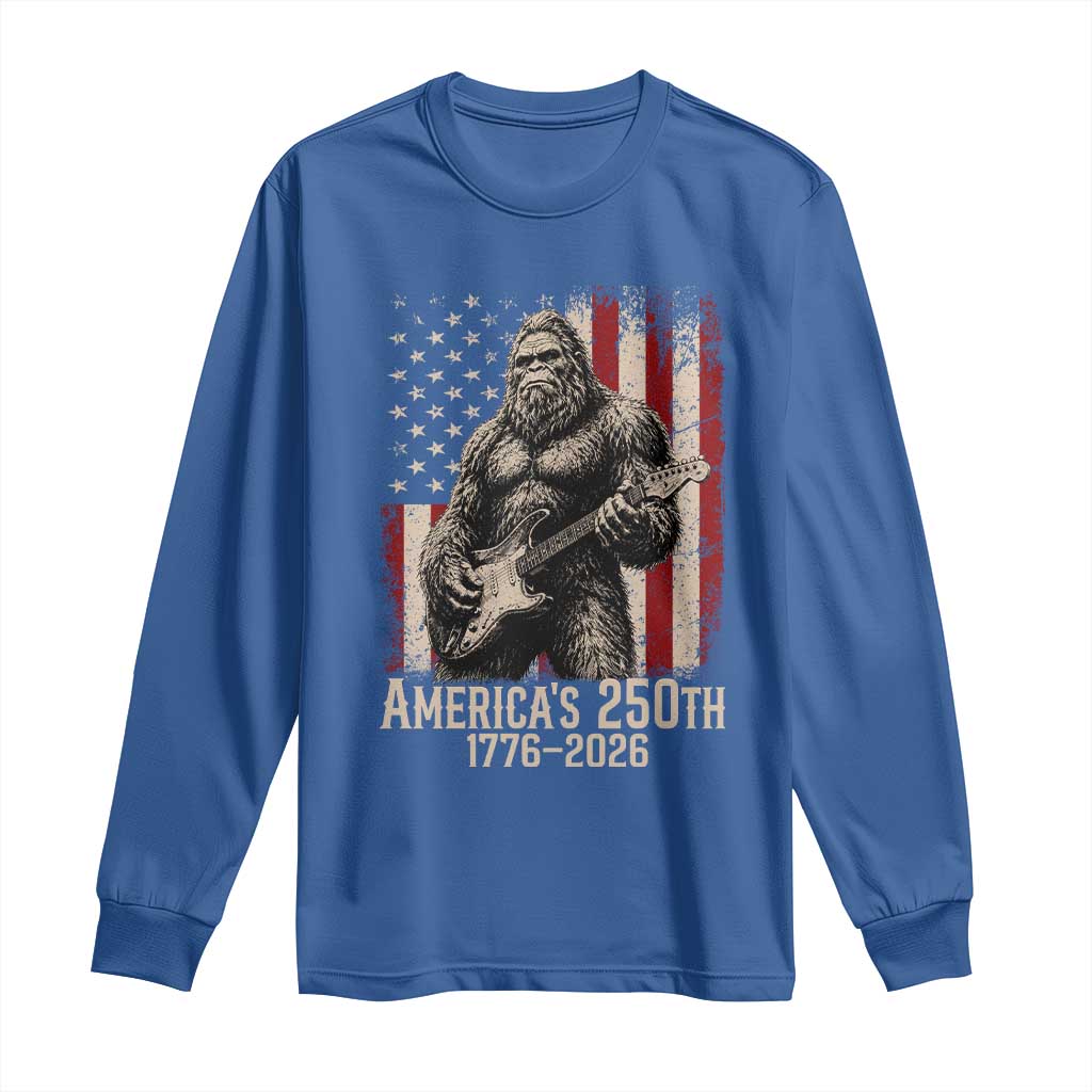 Americas 250th Anniversary 1776-2026 Bigfoot Rock Star Long Sleeve Shirt Playing Electric Guitar Distressed American Flag Graphic