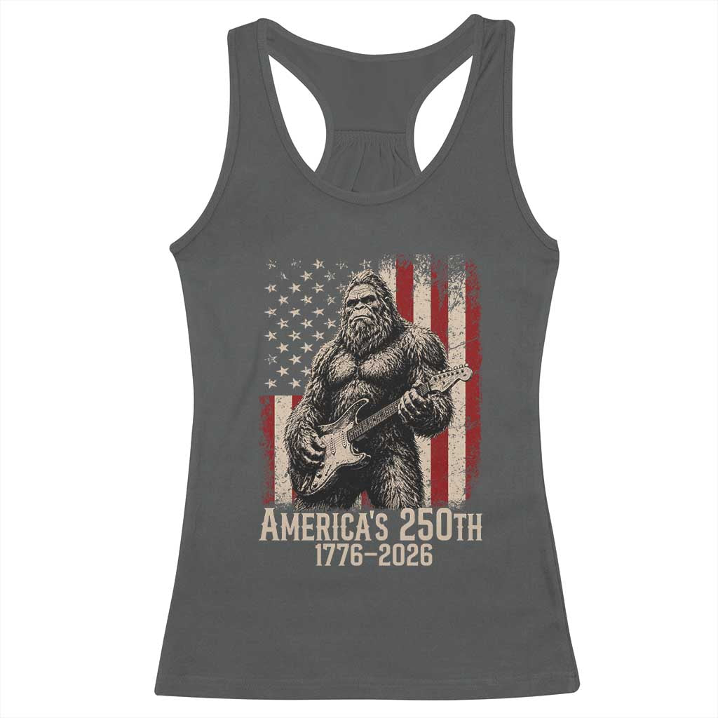 Americas 250th Anniversary 1776-2026 Bigfoot Rock Star Racerback Tank Top Playing Electric Guitar Distressed American Flag Graphic
