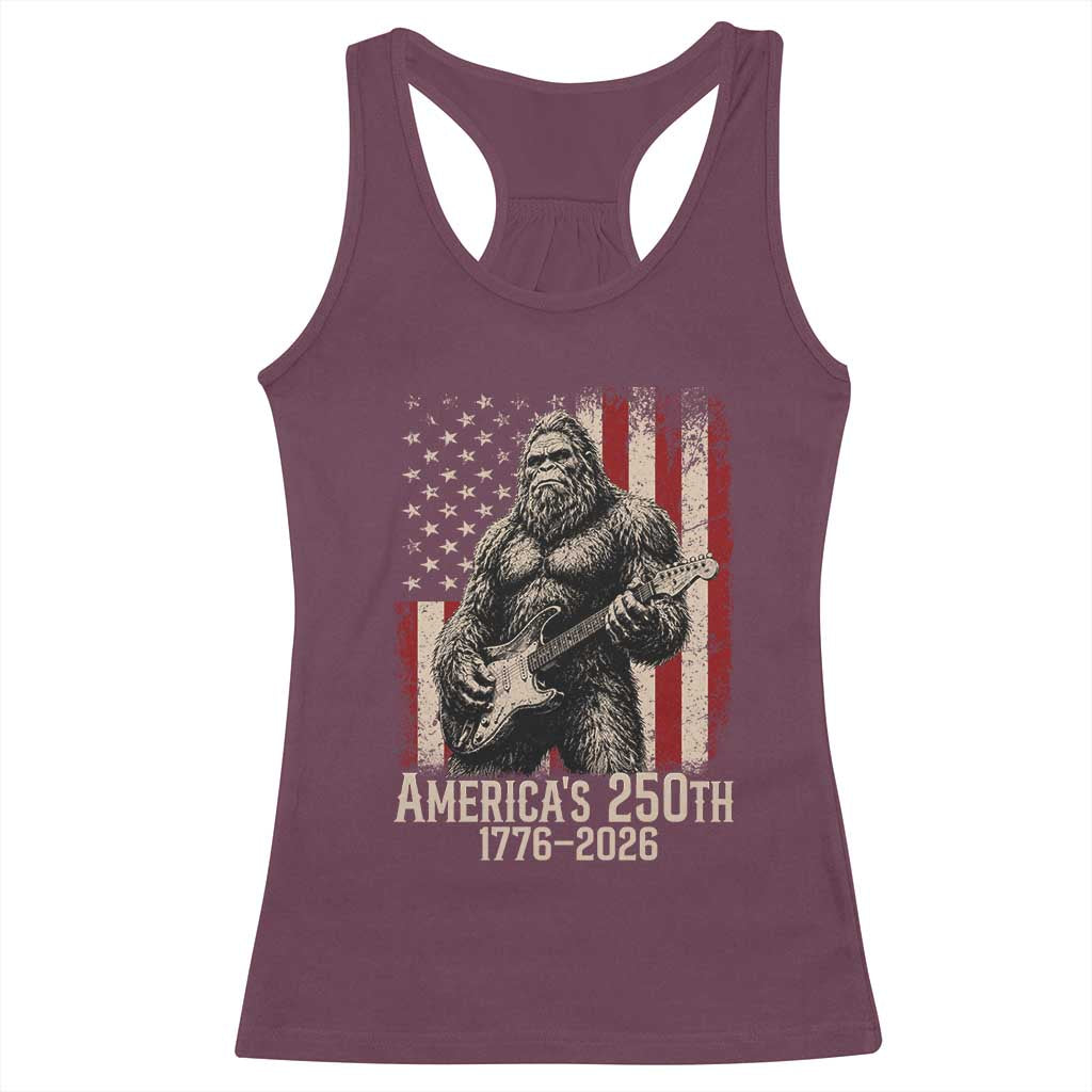 Americas 250th Anniversary 1776-2026 Bigfoot Rock Star Racerback Tank Top Playing Electric Guitar Distressed American Flag Graphic