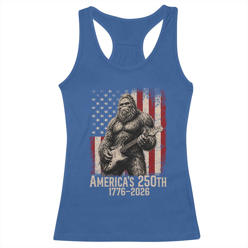 Americas 250th Anniversary 1776-2026 Bigfoot Rock Star Racerback Tank Top Playing Electric Guitar Distressed American Flag Graphic