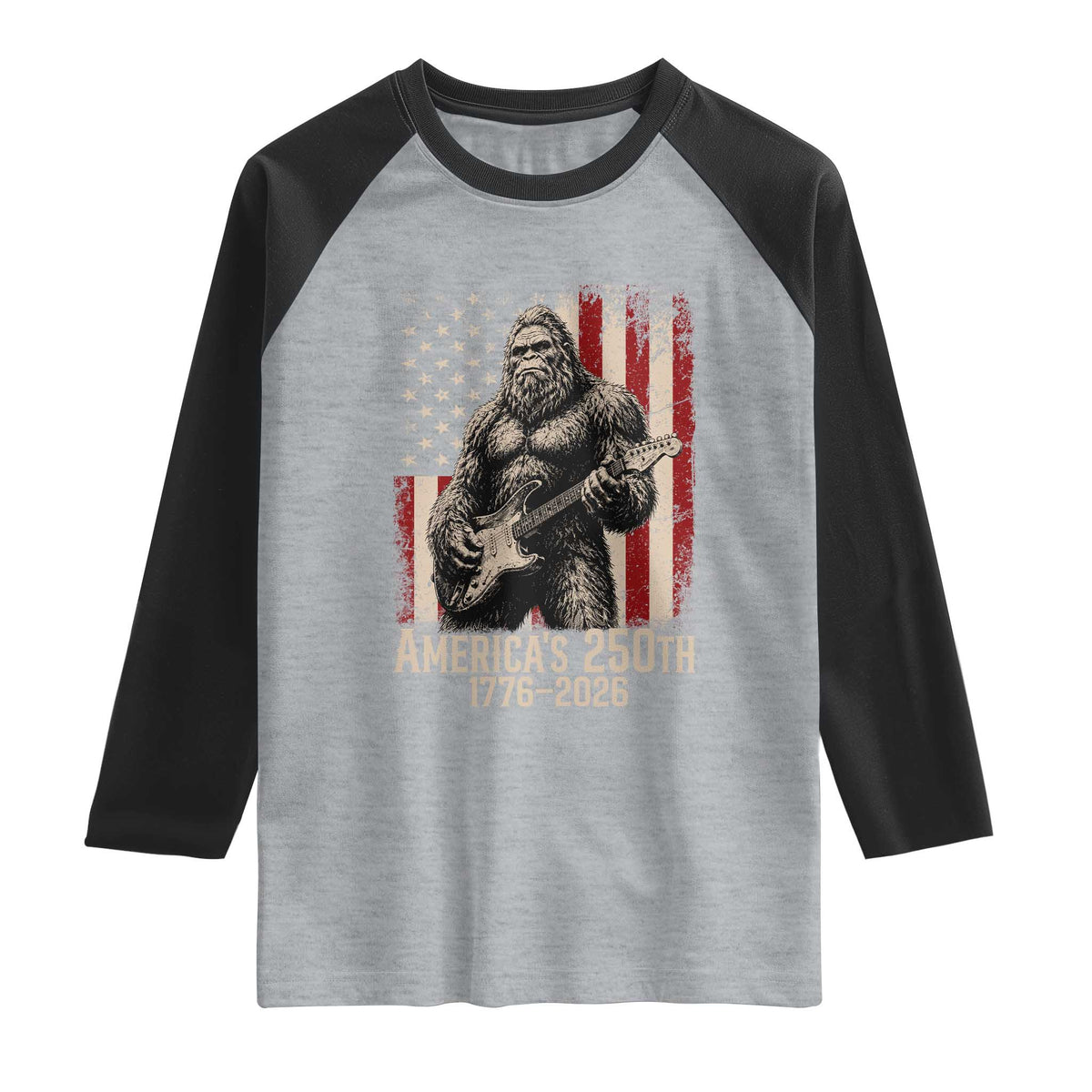 Americas 250th Anniversary 1776-2026 Bigfoot Rock Star Raglan Shirt Playing Electric Guitar Distressed American Flag Graphic