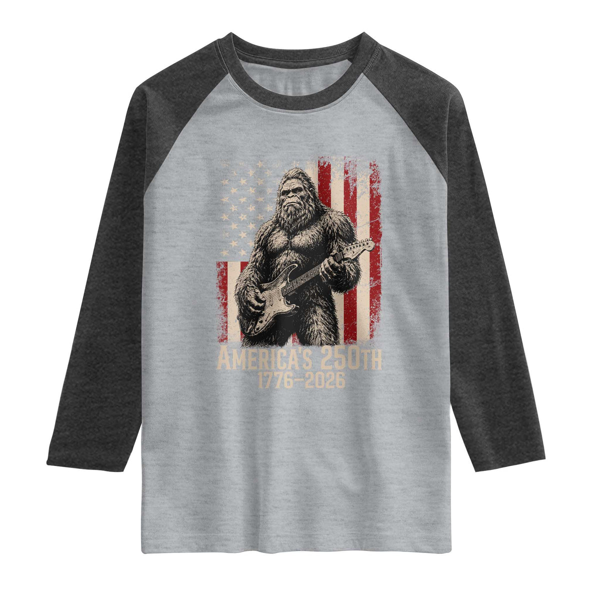 Americas 250th Anniversary 1776-2026 Bigfoot Rock Star Raglan Shirt Playing Electric Guitar Distressed American Flag Graphic