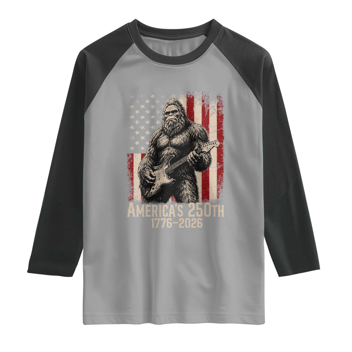Americas 250th Anniversary 1776-2026 Bigfoot Rock Star Raglan Shirt Playing Electric Guitar Distressed American Flag Graphic