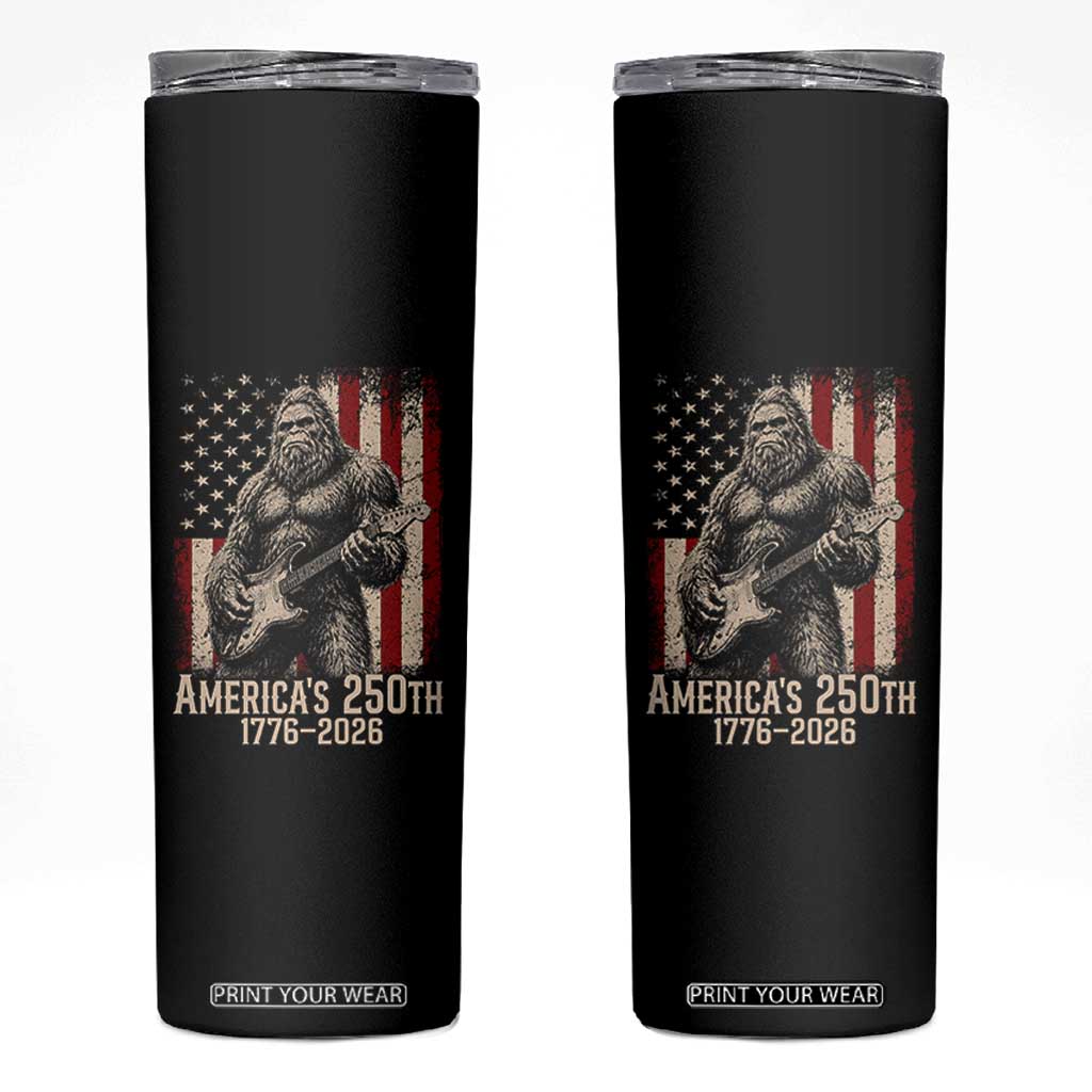 Americas 250th Anniversary 1776-2026 Bigfoot Rock Star Skinny Tumbler Playing Electric Guitar Distressed American Flag Graphic TS02 Black Print Your Wear