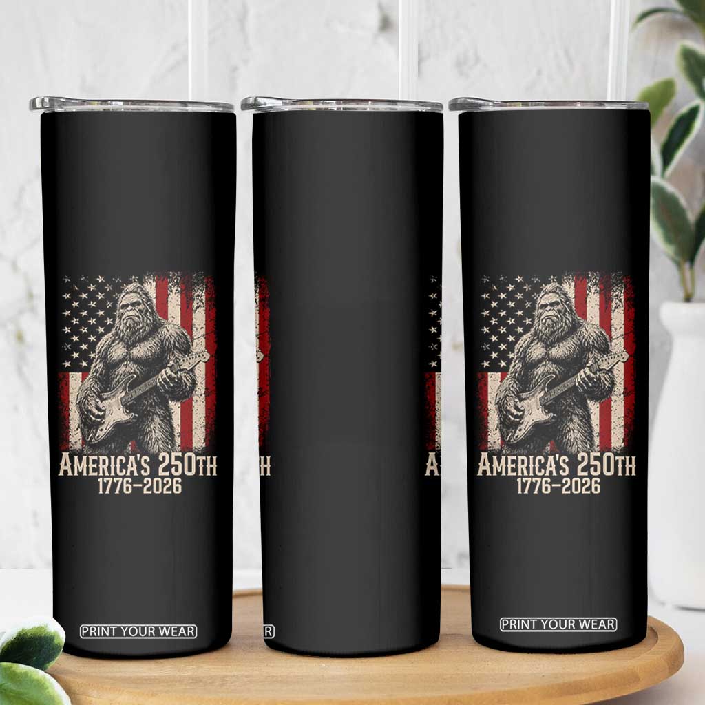 Americas 250th Anniversary 1776-2026 Bigfoot Rock Star Skinny Tumbler Playing Electric Guitar Distressed American Flag Graphic TS02 Print Your Wear