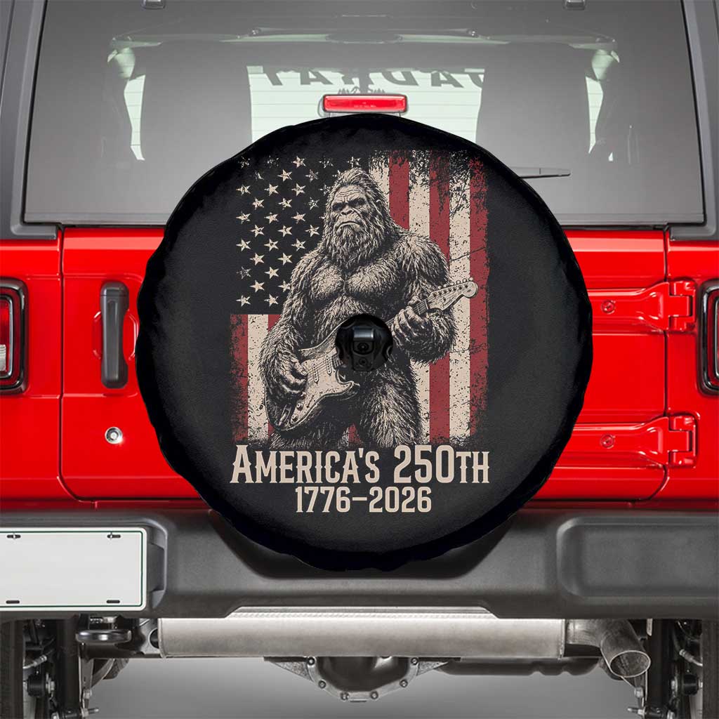 Americas 250th Anniversary 1776-2026 Bigfoot Rock Star Spare Tire Cover Playing Electric Guitar Distressed American Flag Graphic