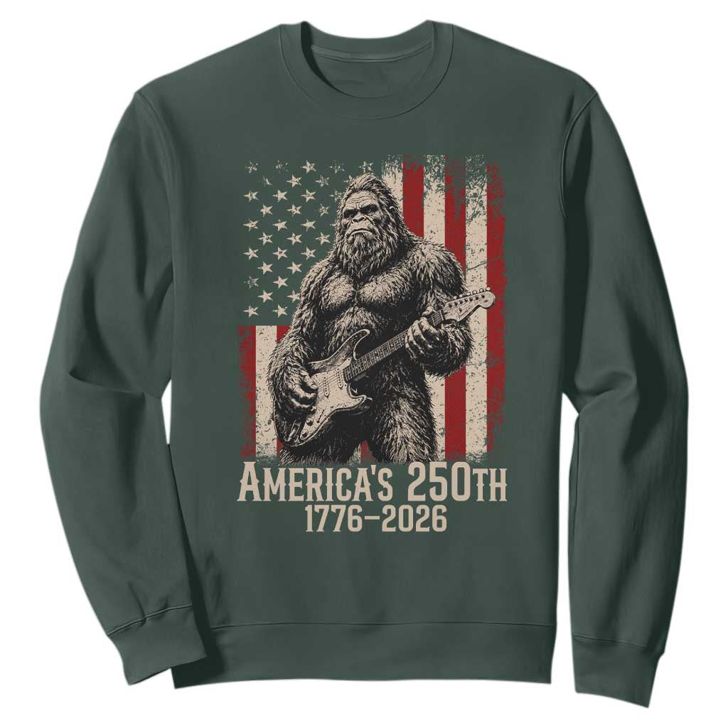 Americas 250th Anniversary 1776-2026 Bigfoot Rock Star Sweatshirt Playing Electric Guitar Distressed American Flag Graphic