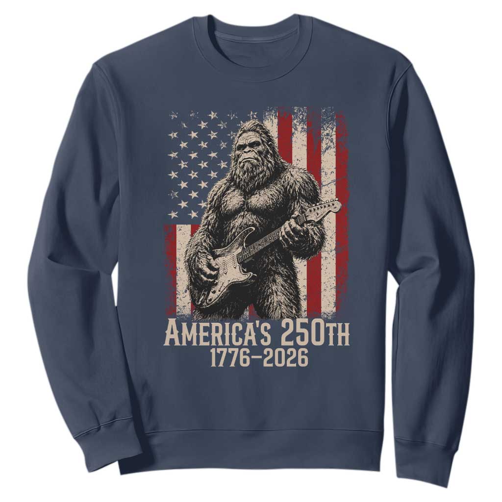 Americas 250th Anniversary 1776-2026 Bigfoot Rock Star Sweatshirt Playing Electric Guitar Distressed American Flag Graphic