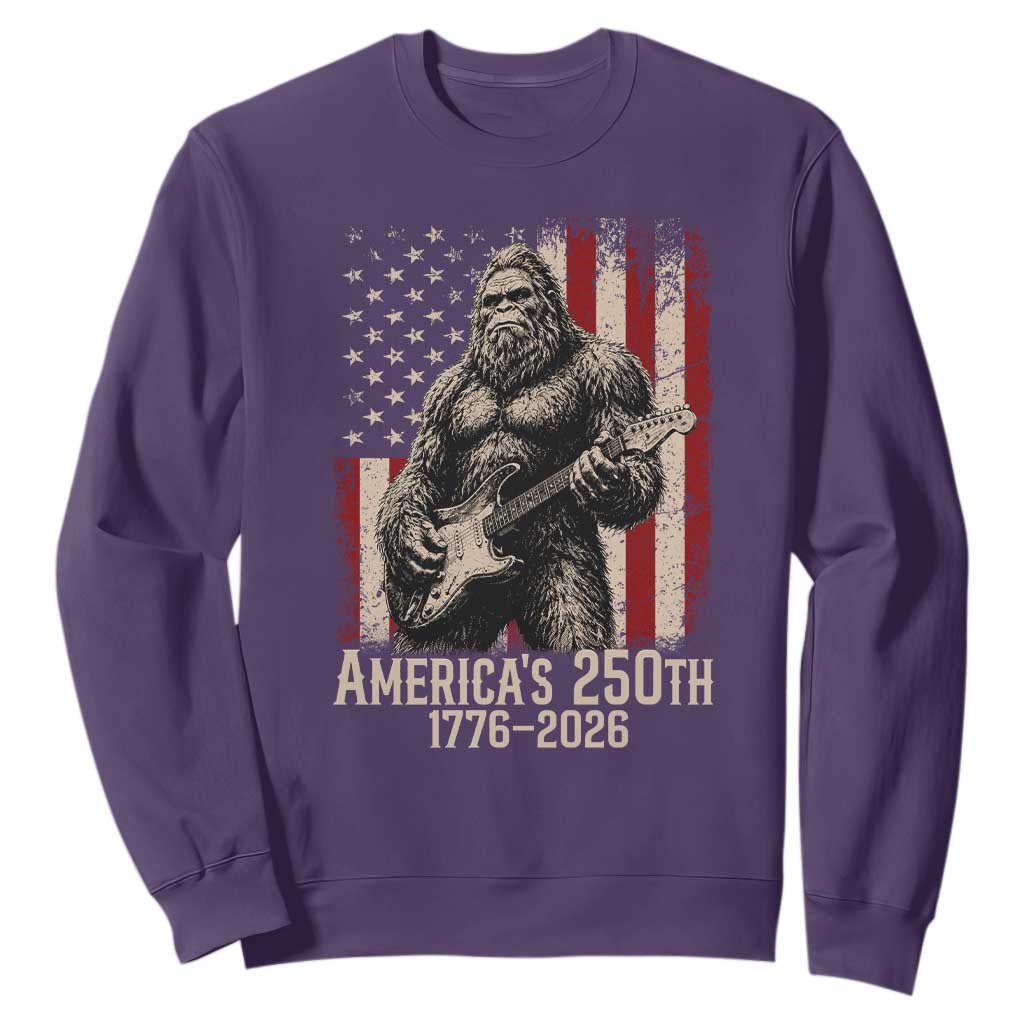 Americas 250th Anniversary 1776-2026 Bigfoot Rock Star Sweatshirt Playing Electric Guitar Distressed American Flag Graphic