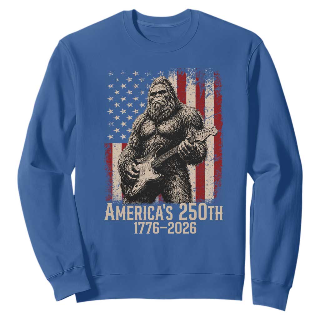 Americas 250th Anniversary 1776-2026 Bigfoot Rock Star Sweatshirt Playing Electric Guitar Distressed American Flag Graphic