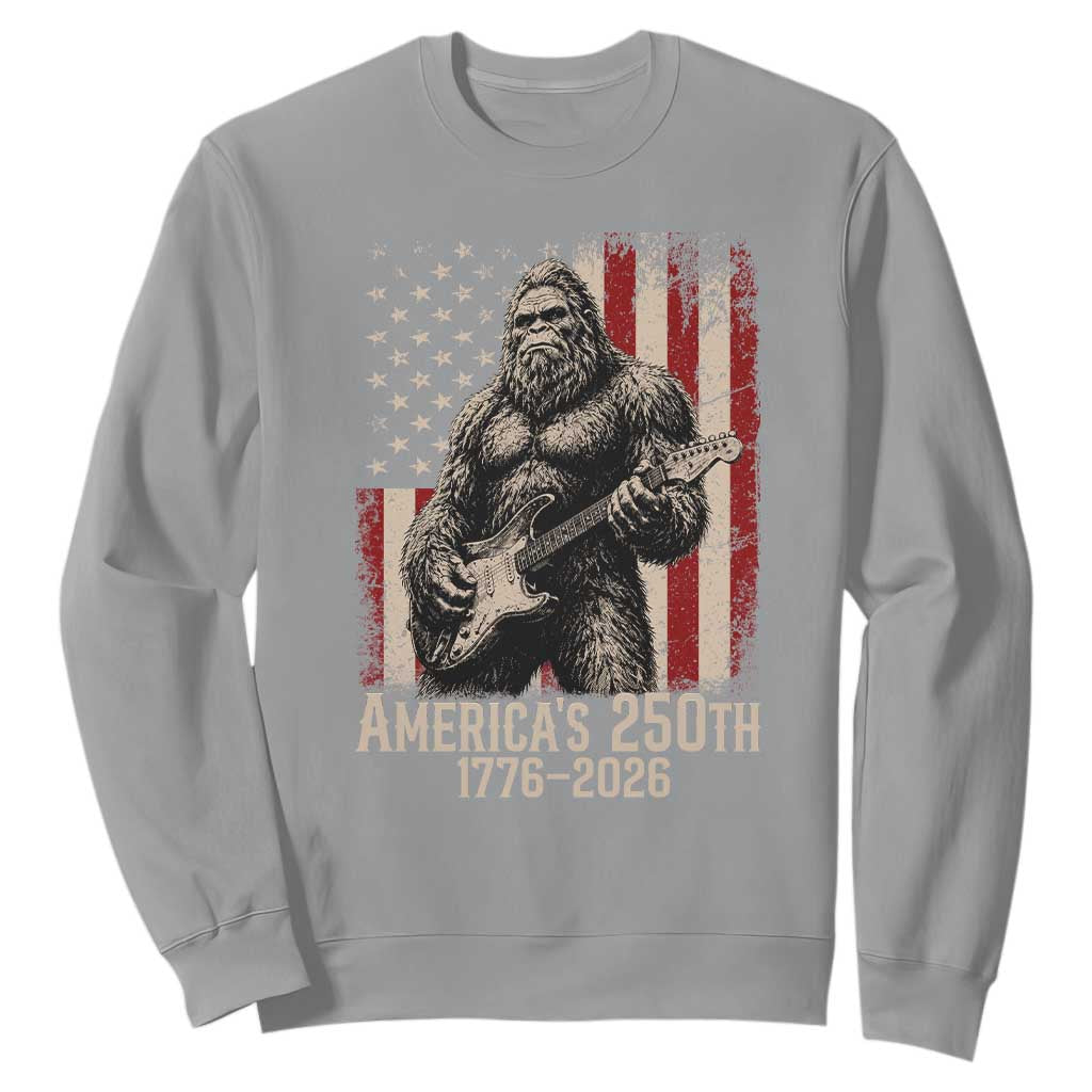 Americas 250th Anniversary 1776-2026 Bigfoot Rock Star Sweatshirt Playing Electric Guitar Distressed American Flag Graphic