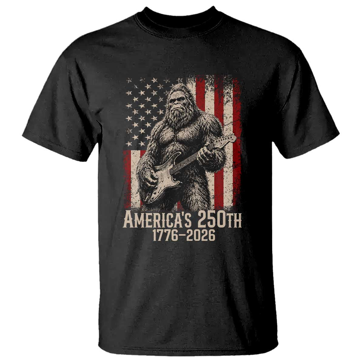 Americas 250th Anniversary 1776-2026 Bigfoot Rock Star T Shirt Playing Electric Guitar Distressed American Flag Graphic