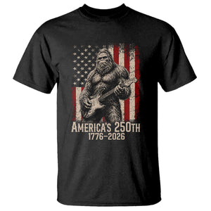 Americas 250th Anniversary 1776-2026 Bigfoot Rock Star T Shirt Playing Electric Guitar Distressed American Flag Graphic