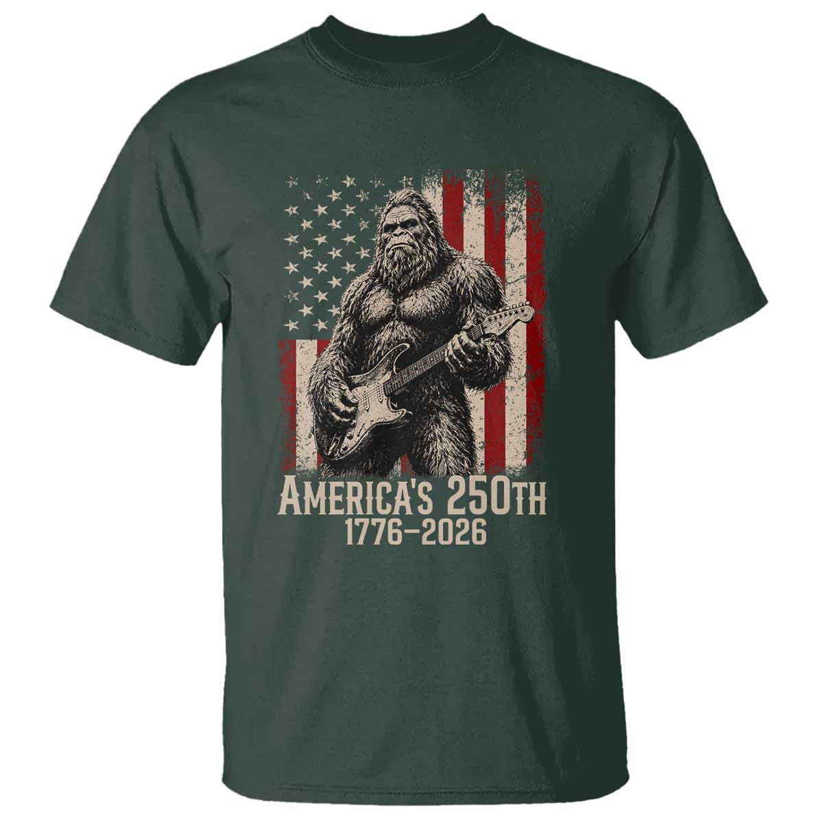 Americas 250th Anniversary 1776-2026 Bigfoot Rock Star T Shirt Playing Electric Guitar Distressed American Flag Graphic