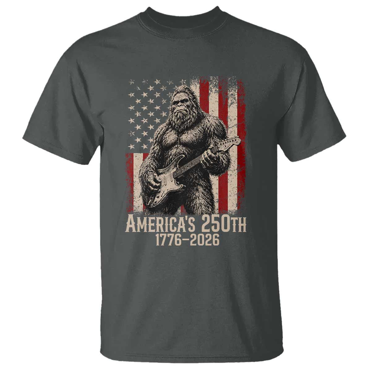 Americas 250th Anniversary 1776-2026 Bigfoot Rock Star T Shirt Playing Electric Guitar Distressed American Flag Graphic