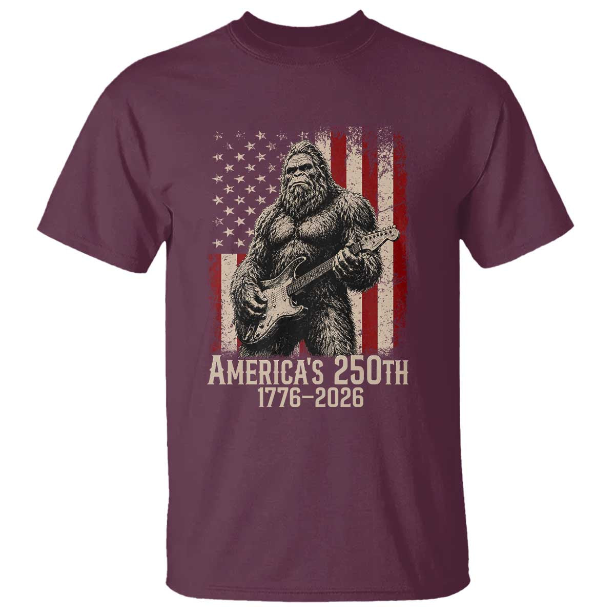 Americas 250th Anniversary 1776-2026 Bigfoot Rock Star T Shirt Playing Electric Guitar Distressed American Flag Graphic